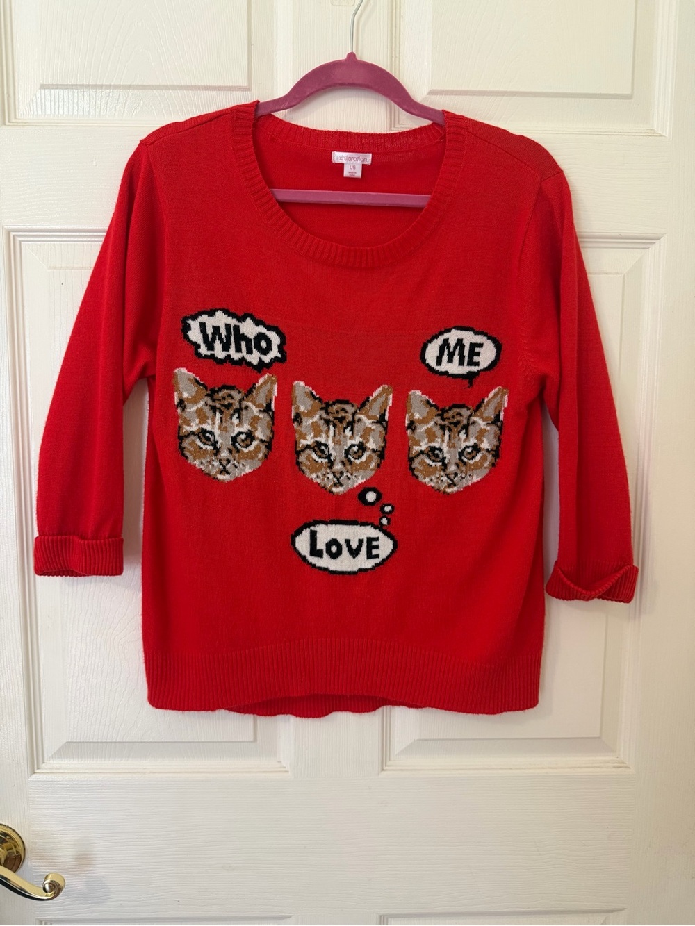 Xhilaration Red Cat Graphic "Who Me Love" 3/4 Sleeve Knit Sweater Size L